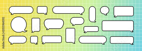 Different geometric bubble frames. Vector dialog box or game chat balloon. Cute pixel illustration for note message on grid background.
