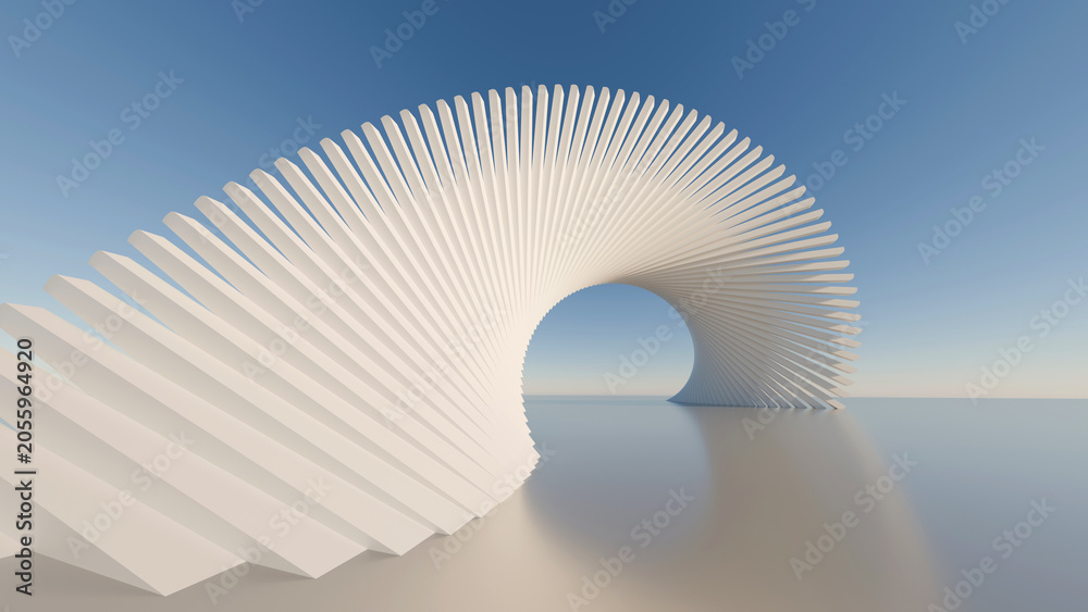 Fototapeta premium Abstract 3D futuristic white arch with twisting geometric pattern reflecting on glossy floor under clear blue sky