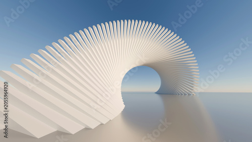 Foto Abstract 3D futuristic white arch with twisting geometric pattern reflecting on