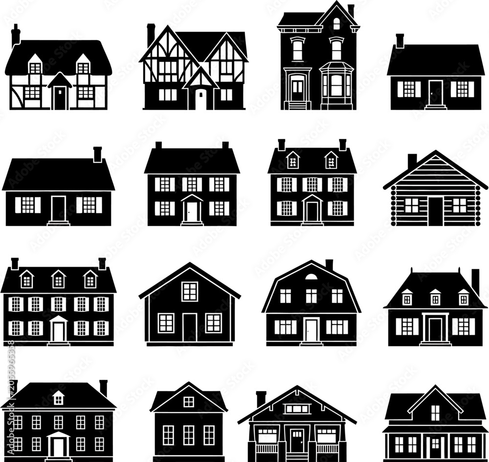 Naklejka premium Set of various residential house silhouettes with building