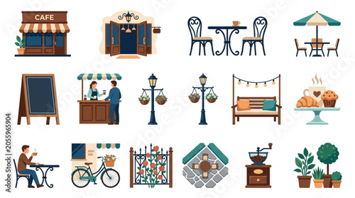 Cuadro en lienzo Charming Outdoor Caf? and Market Scene Illustrations.