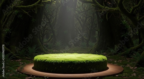 Moss covered podium in dark mystical forest with sunbeam