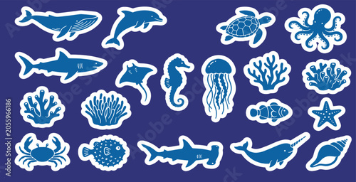 Photography Collection of blue ocean creatures and coral icons on a dark blue background