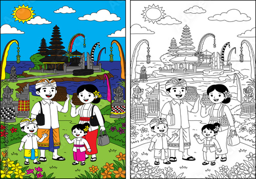Bild auf Leinwand Balinese Hindu family walking to Tanah Lot temple for prayer ritual, vector illustration set featuring full color and black and white coloring page versions, isolated on white background