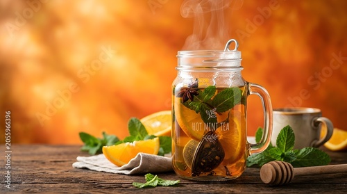 Aromatic Mint Tea with Orange on Bright Orange Background