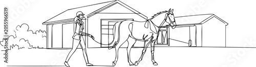 Line art illustration of a person leading a horse near a stable building