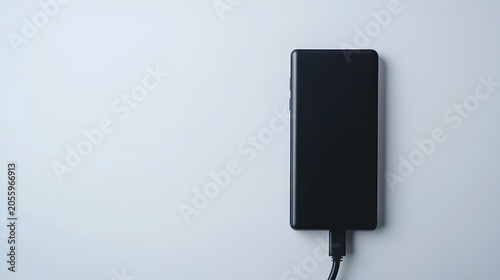 Black smartphone charging with usb cable on minimalist light gray background for modern tech concepts and communication connectivity solutions professional