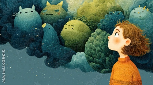 A child gazing at a fantastical, imaginative cloud of dreams