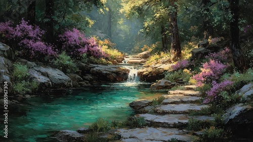 Serene Forest Path with Crystal-Clear Stream