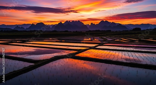 Vibrant sunset reflected in flooded rice terraces with mountains