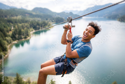 Young man zip lining over a blue lake and mountain landscape