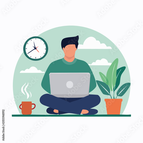 Man working on laptop at home with coffee and plant