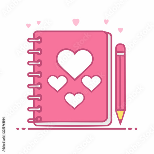 Pink Notebook with Hearts and Pencil Icon