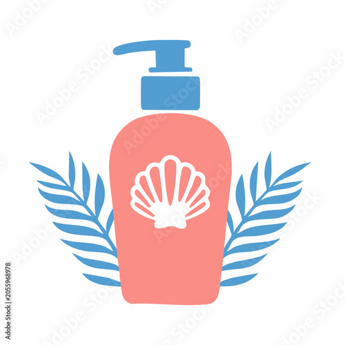 Sunscreen bottle with seashell and palm leaves