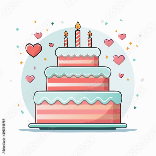 Three Tier Birthday Cake with Candles and Hearts