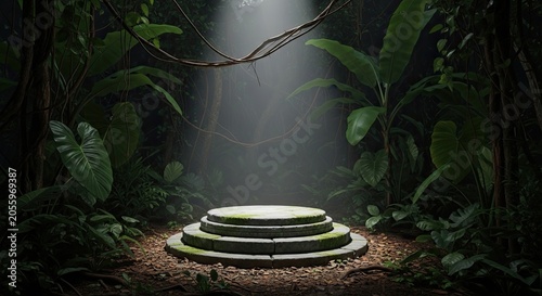 Mossy stone podium in dark jungle under dramatic spotlight