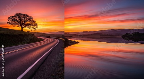 Winding road and calm lake under vibrant sunset sky