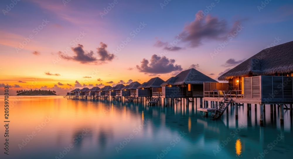 Obraz premium Overwater villas at a tropical island resort during vibrant sunset