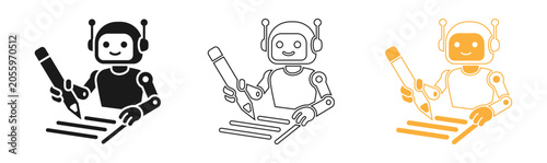 Robot writer icons in three styles black line art and orange holding a pencil and writing on a notepad