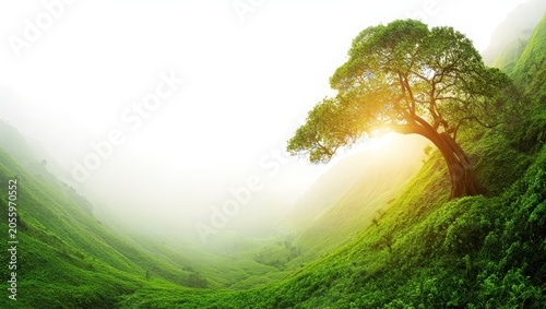 Sunrise Through Misty Forest Tree with Dramatic Light in Mountain Valley