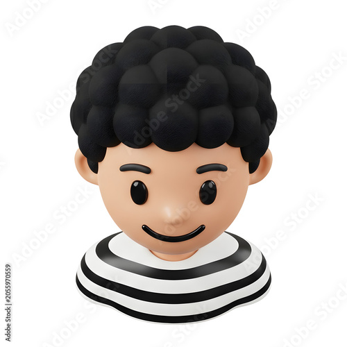 Stylized 3D cartoon boy with curly hair and striped shirt