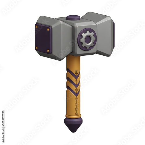 Stylized 3D render of a fantasy hammer with gear detail