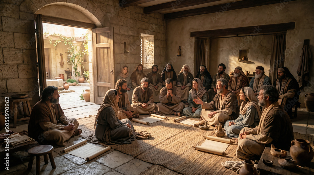 Fototapeta premium Apostles and holy woman gather for prayer in Jerusalem. Early disciples learn gospel teaching, biblical narrative of Acts. Group discussion in ancient home. Historical religious history
