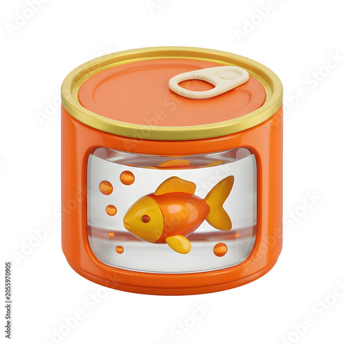 Stylized 3D render of a goldfish in an orange tin can