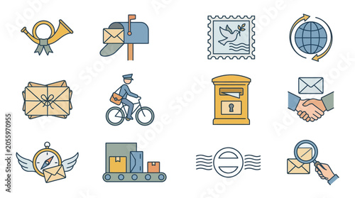 Bilde på lerret Collection of postal service icons depicting communication