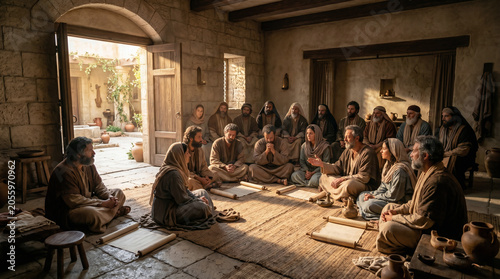 Apostles and holy woman gather for prayer in Jerusalem. Early disciples learn gospel teaching, biblical narrative of Acts. Group discussion in ancient home. Historical religious history