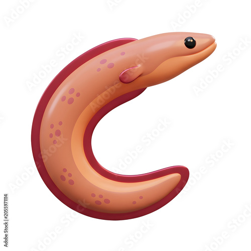 Stylized 3D render of an orange eel with pink spots