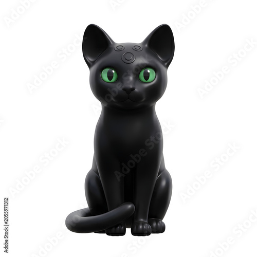 Stylized Black Cat with Green Eyes and Crescent Moon Markings