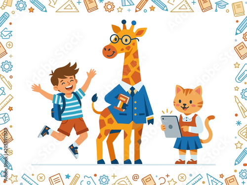 Cute Back to School Illustration with Boy Student, Giraffe Teacher, and Cat Using Tablet