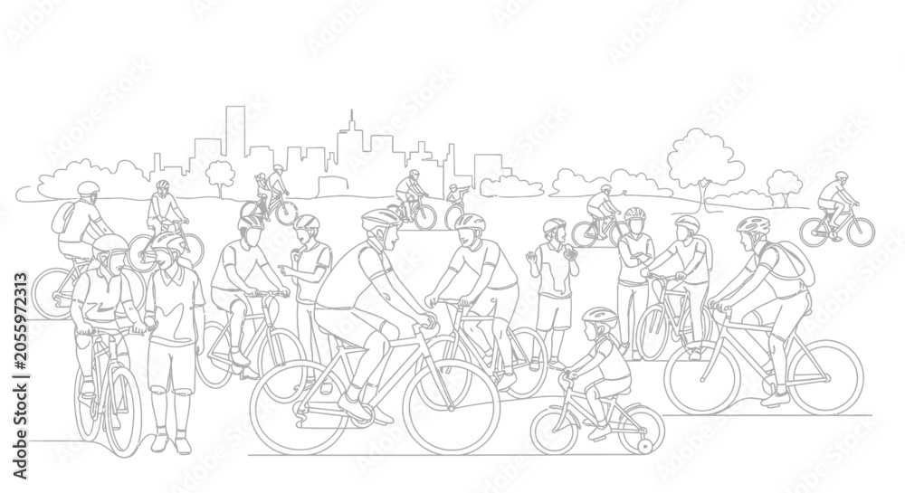 Obraz premium Diverse Group Cycling in Urban Park with City Skyline Sketch