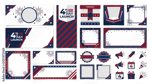 Bild auf Leinwand Patriotic scrapbook, 4th of July launch, red white blue frames and borders, Amer