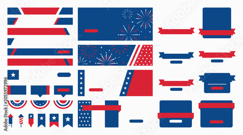 Patriotic elements, red white blue banners, ribbons, icons, 4th of July decorations, vector set isolated on White Background 4th july, independent day, Editable EPS