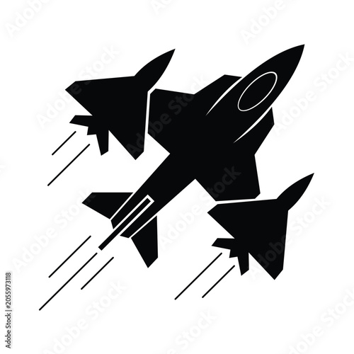 Tableau sur toile Military fighter jet flying with two wingman planes black silhouette icon on whi