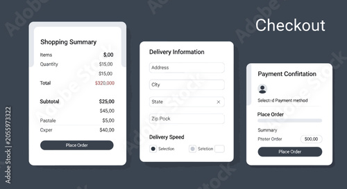 E-commerce checkout, payment, shopping summary, delivery information, mobile app screens isolated on White Background 4th july, indipendent day , Editable EPS
