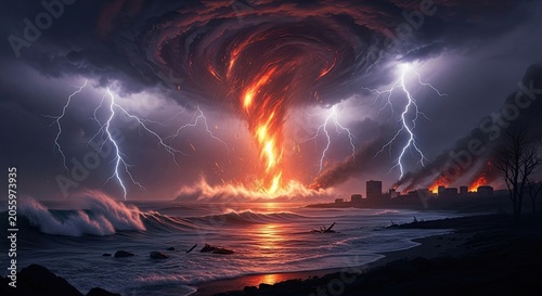 Massive fire tornado and lightning over burning coastal city