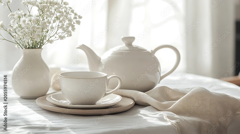 Fototapeta premium White teapot and cup set on table with flowers in bright natural light