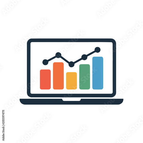 Laptop Computer Displaying Financial Analytics Bar Graph and Trend Line Chart for Digital Business Performance Monitoring