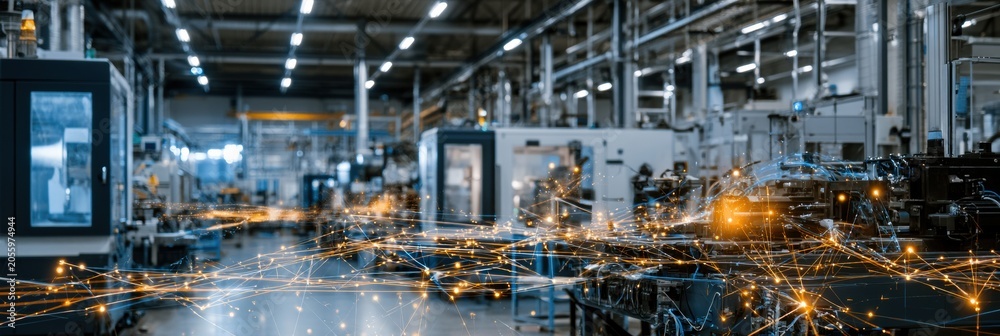 Fototapeta premium AI agents modify production settings in a digital manufacturing floor, connecting machines through glowing threads in a dark industrial space.