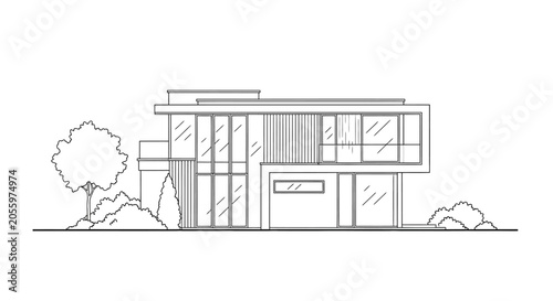 Minimalist architectural line drawing of a modern luxury house with flat roof