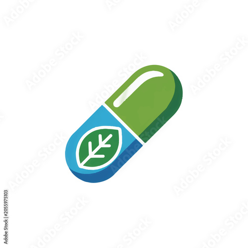 Minimalist vector illustration of a green and blue capsule with a leaf symbol, representing natural health, herbal medicine, organic supplements, and wellness concepts for a balanced lifestyle