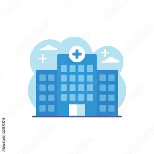 Flat Vector Illustration of a Modern Hospital Building Exterior with a Medical Cross Symbol and Decorative Clouds
