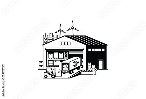 Industrial warehouse, loading dock, delivery truck, wind turbines, factory building