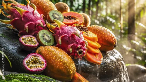Vibrant tropical fruits with water drops on wet jungle rocks