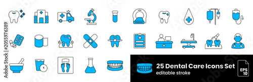 25 Dental Care Icons Set Dual Tone – Dentist, Oral Health, Orthodontics, Dental Clinic and Medical Treatment Editable Stroke Vector Collection
