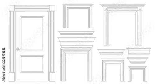 Set of classic architectural moldings and door frame outlines.