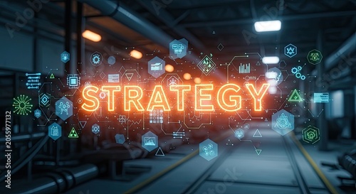 Neon strategy word with digital technology icons in industrial warehouse